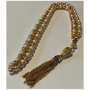 Gold & Pearl Beaded Tassel Necklace • Vintage Style Statement Chain